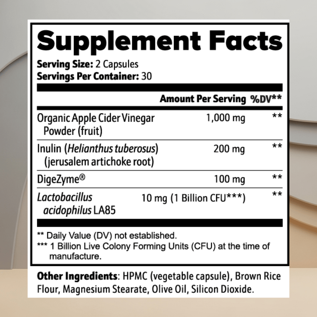 Supplement facts label on a product container with a neutral background