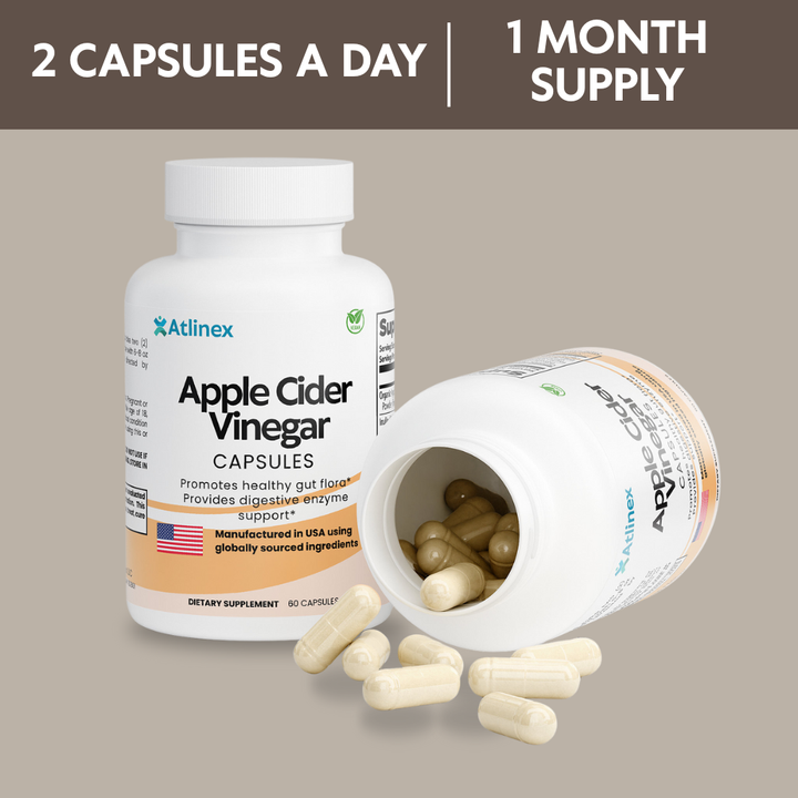 Atlinex Apple cider vinegar capsules with a bottle and open capsule container on a beige background