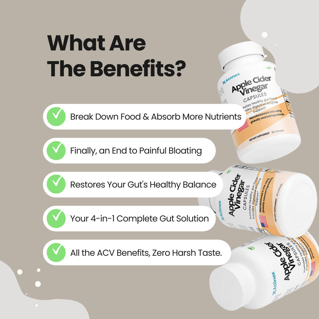 Atlinex Apple Cider Vinegar with listed benefits on a beige background