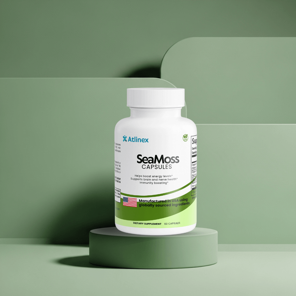 Atlinex SeaMoss Capsules bottle on a green platform with a green background