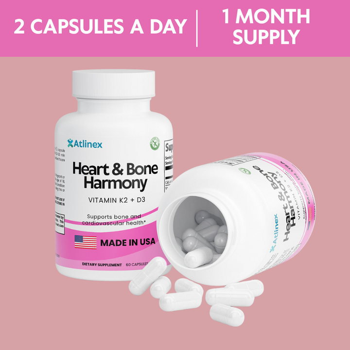 Atlinex Heart & Bone Harmony supplement bottle with pills on a pink background