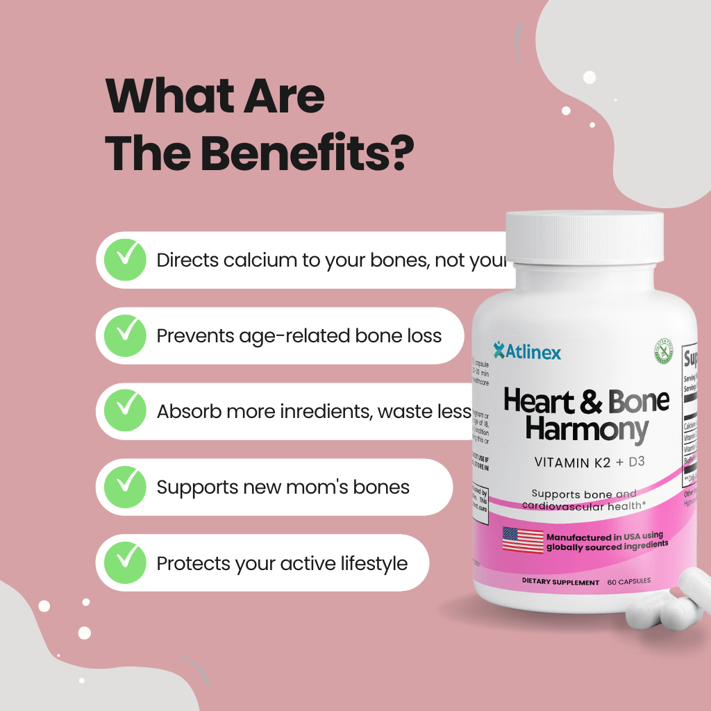Supplement bottle labeled Atlinex 'Heart & Bone Harmony' with benefits listed on a pink background