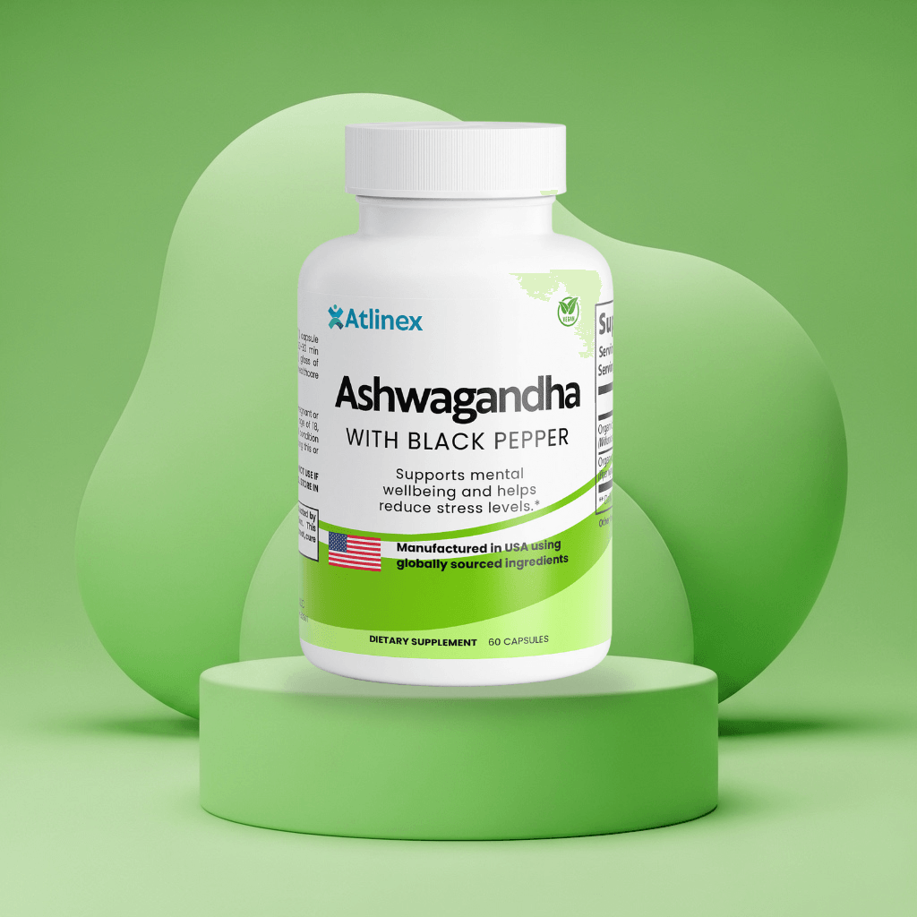 Atlinex Ashwagandha with Black Pepper supplement bottle on a green platform with a green background