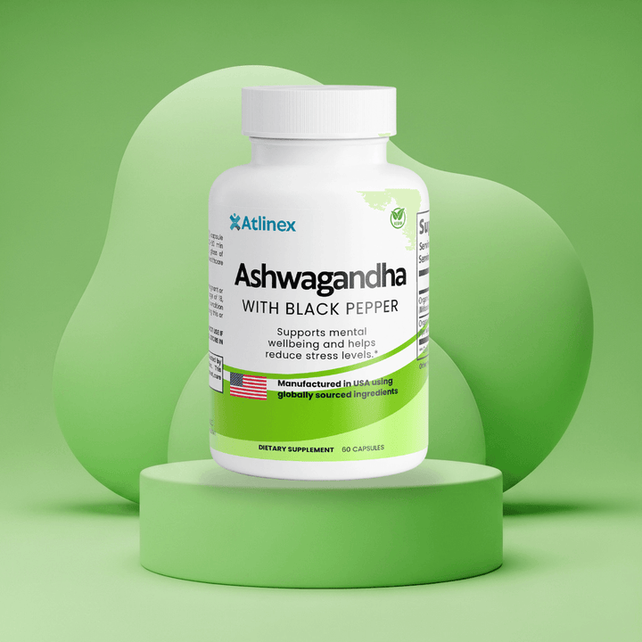 Atlinex Ashwagandha with Black Pepper supplement bottle on a green platform with a green background