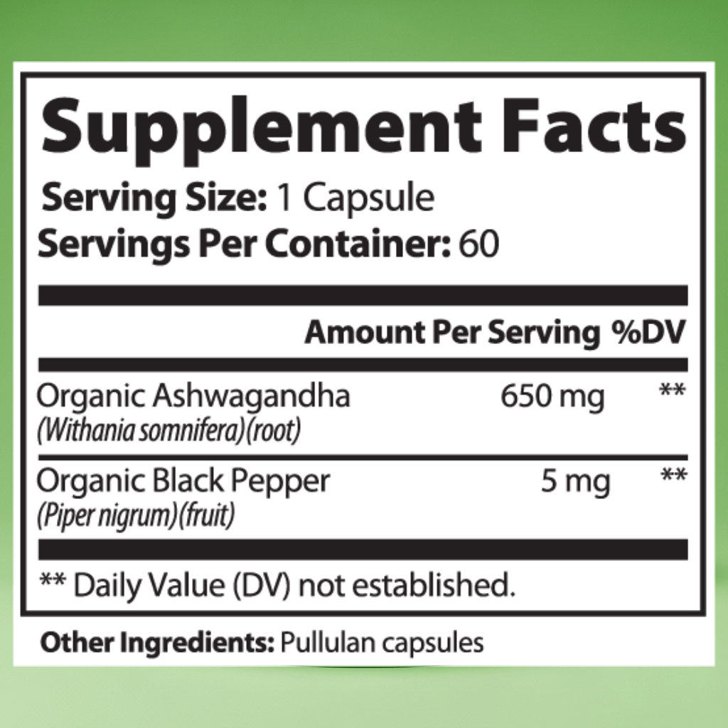 Atlinex Supplement facts label with organic Ashwagandha and Black Pepper on a green background