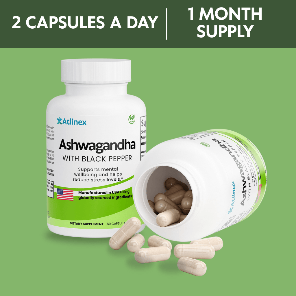 Atlinex Ashwagandha supplement bottle with open cap showing capsules on a green background