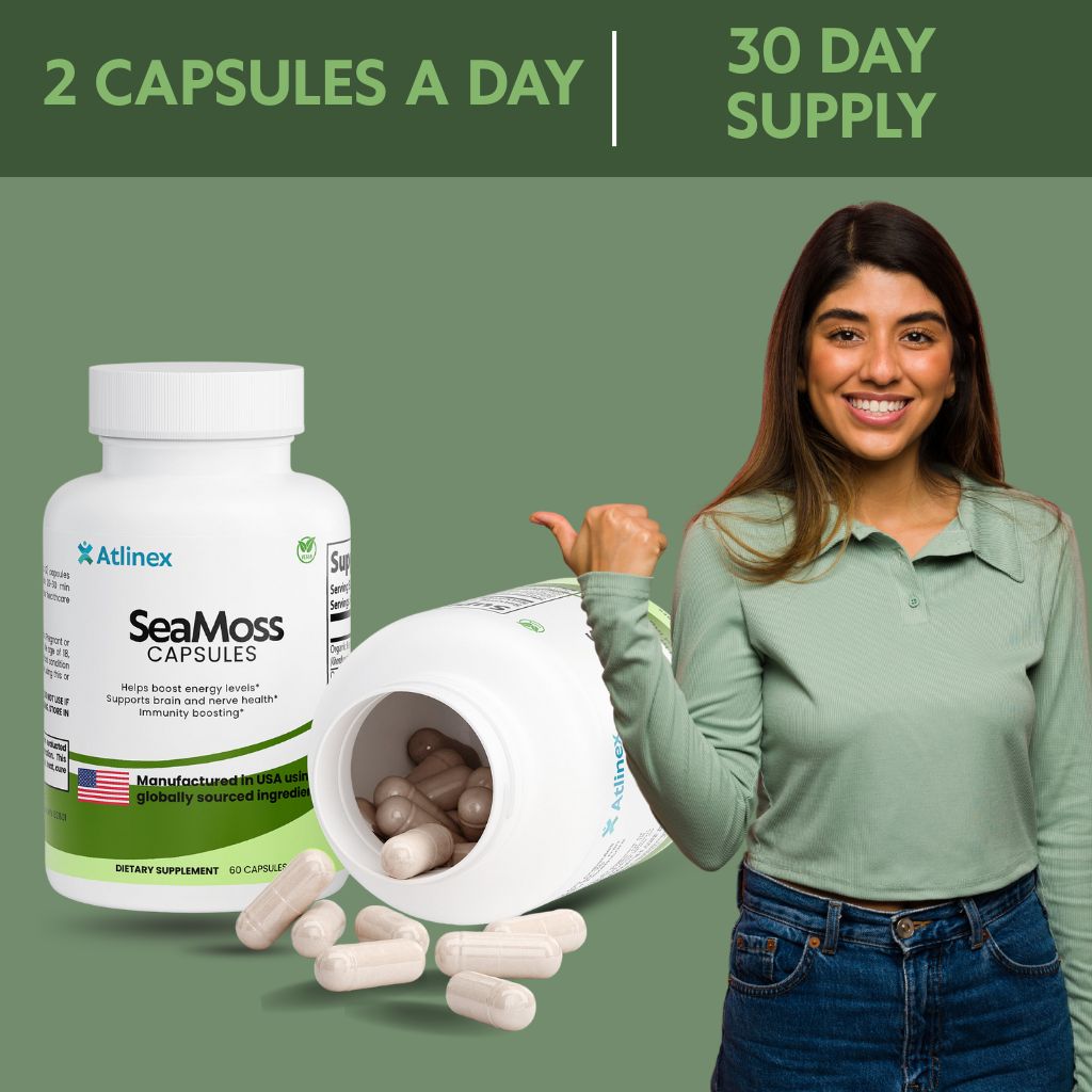Woman holding a container of Atlinex SeaMoss Capsules with a green background