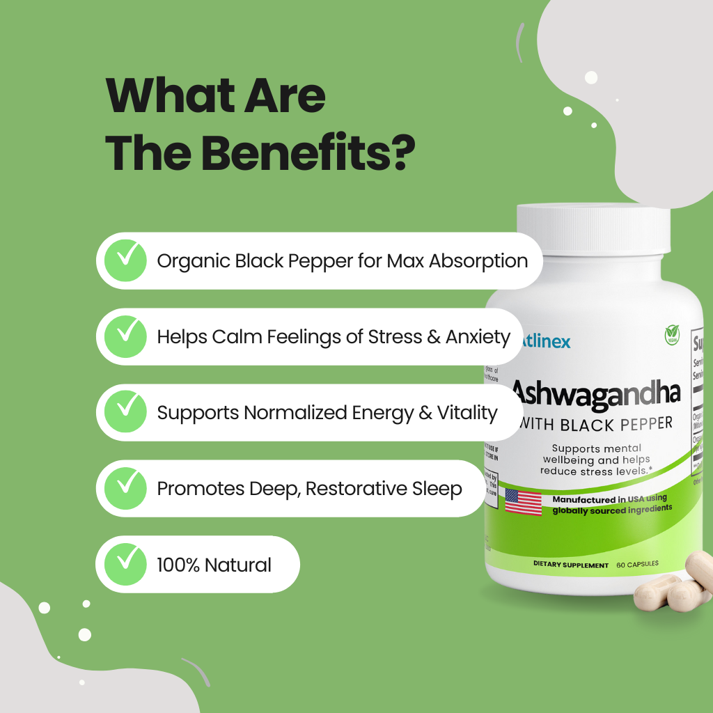 Atlinex Ashwagandha Supplement bottle with benefits listed on a green background