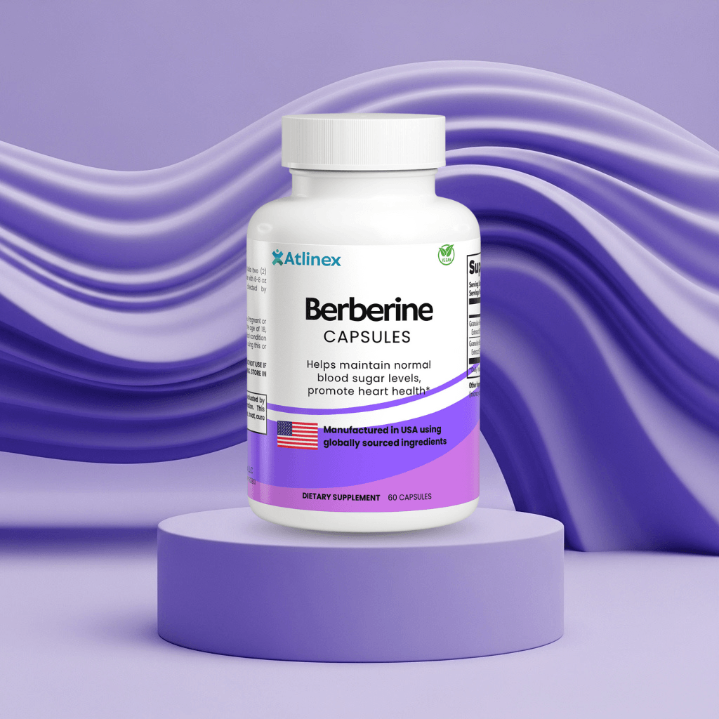 Atlinex Berberine Capsules bottle on a purple platform with a purple background