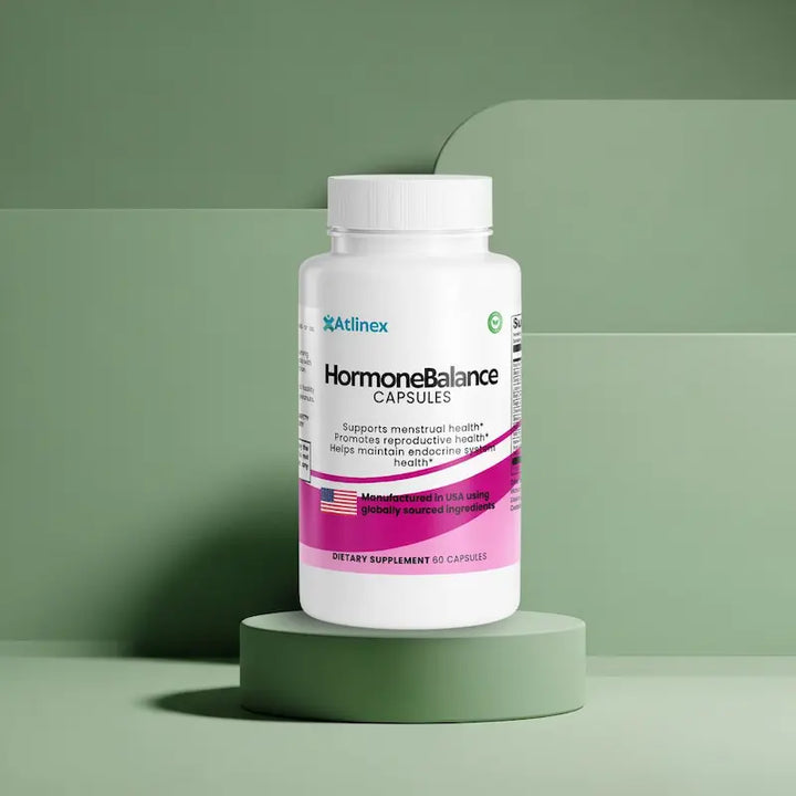 Atlinex Hormone Balance capsules bottle on a green platform with a green background