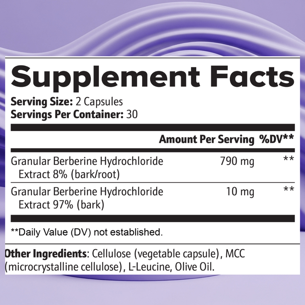 Supplement facts label with detailed nutritional information on a purple background for Atlinex Berberine