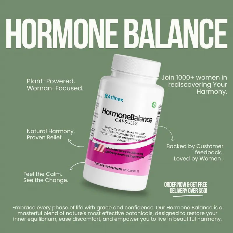 Atlinex Hormone Balance capsules on a green background with promotional text.