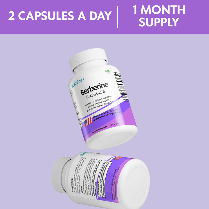 Atlinex Berberine capsules bottle with text on a purple background
