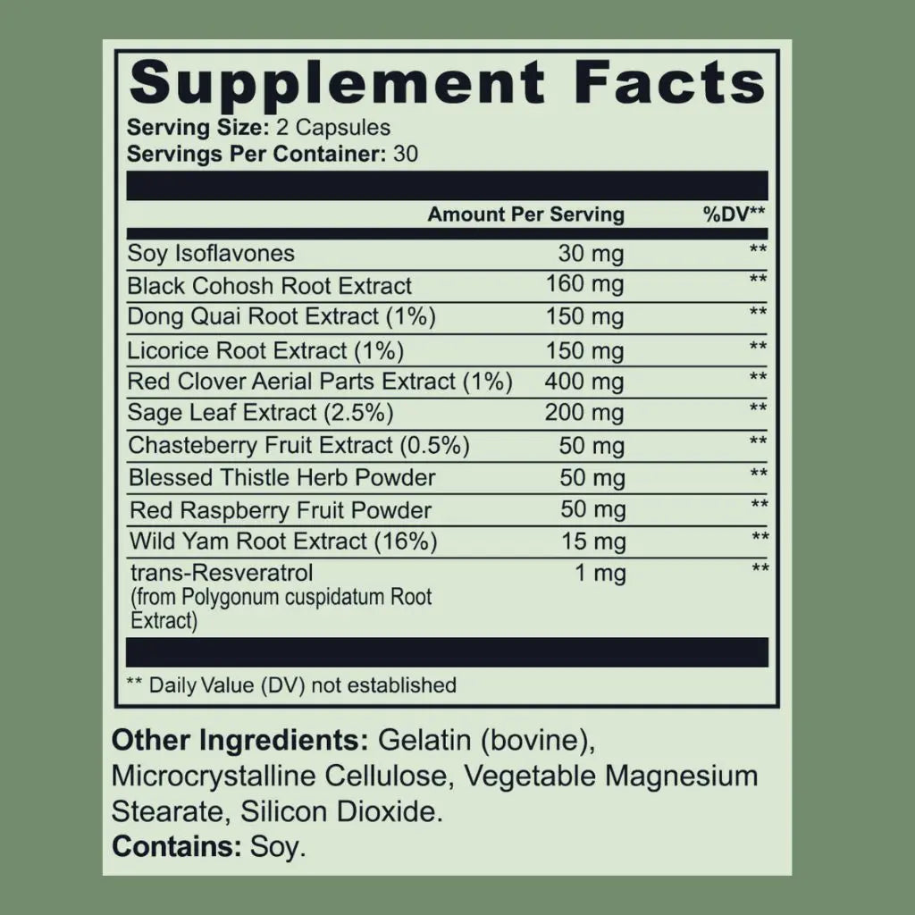 Supplement facts label with detailed ingredient list on a green background