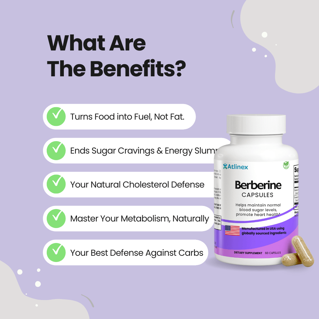 Atlinex Berberine supplement bottle with benefits listed on a purple background