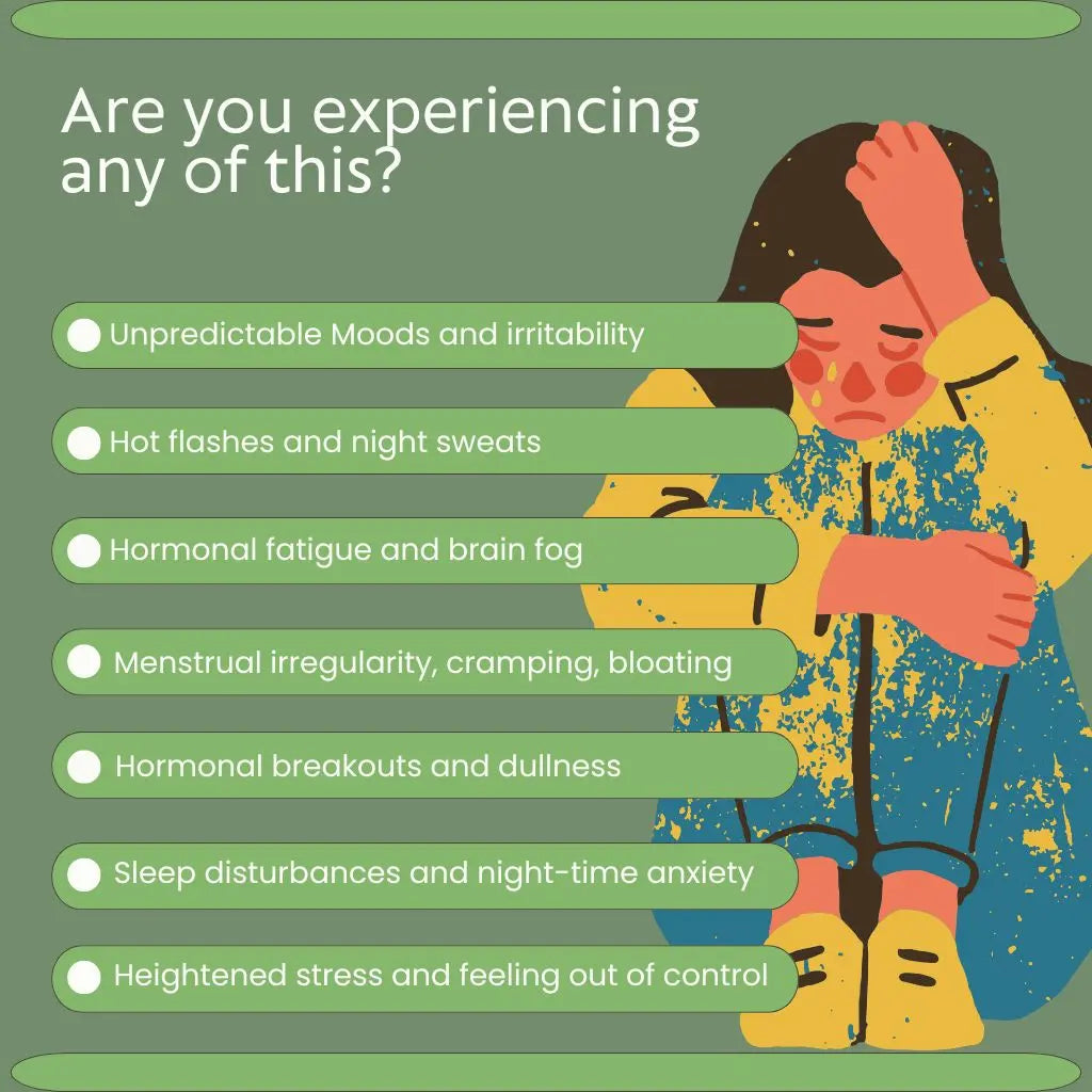 Illustration of a person with text about menopause symptoms on a green background