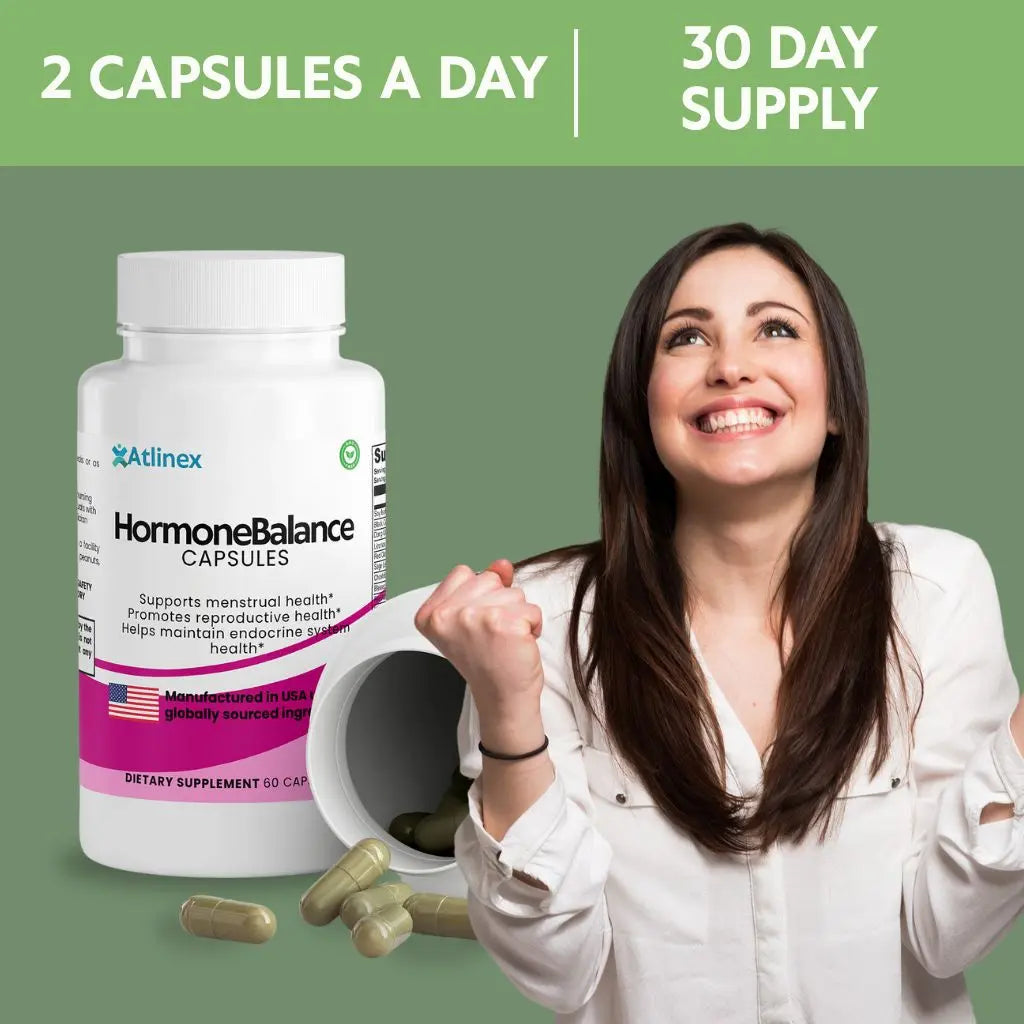 Woman with Atlinex Hormone Balance Capsules and a 30-day supply on a green background