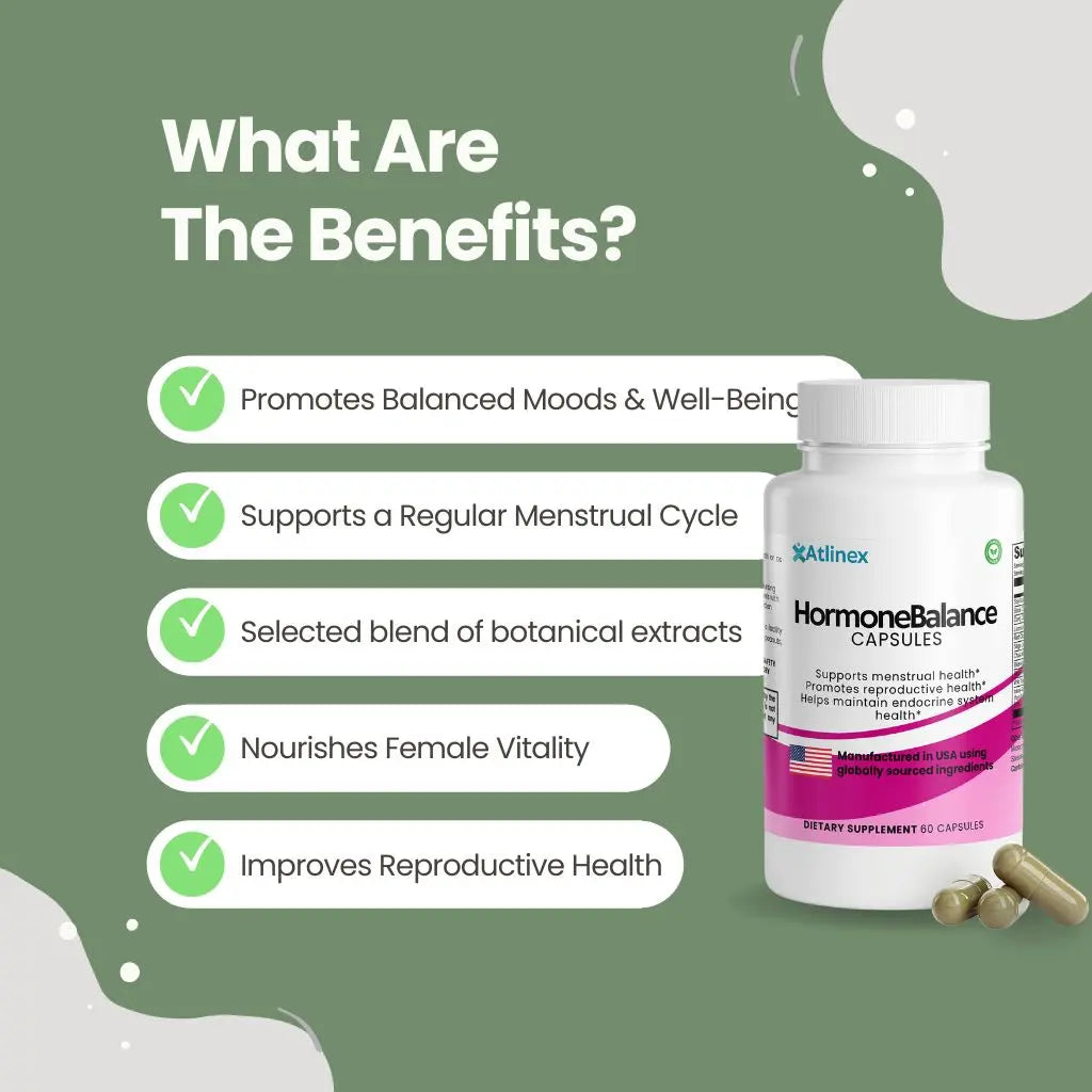 Supplement bottle labeled 'Atlinex Hormone Balance' with benefits listed on a green background