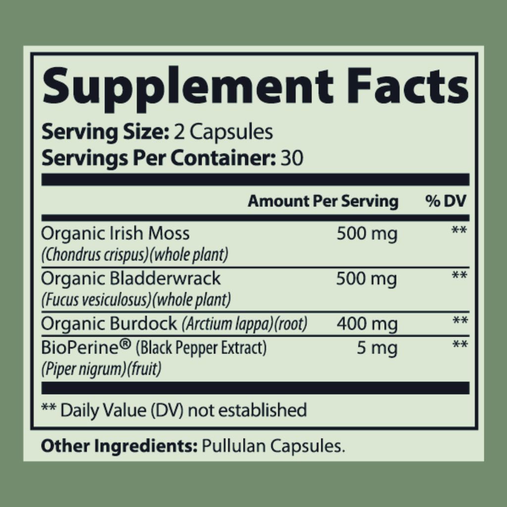 Atlinex Sea Moss Supplement facts label with ingredients and serving sizes on a green background