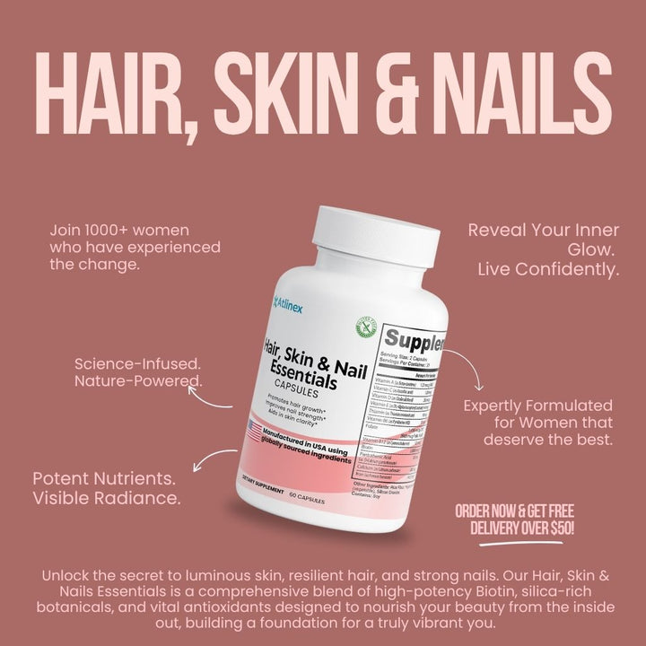 Supplement bottle for hair, skin, and nails with promotional text on a brown background