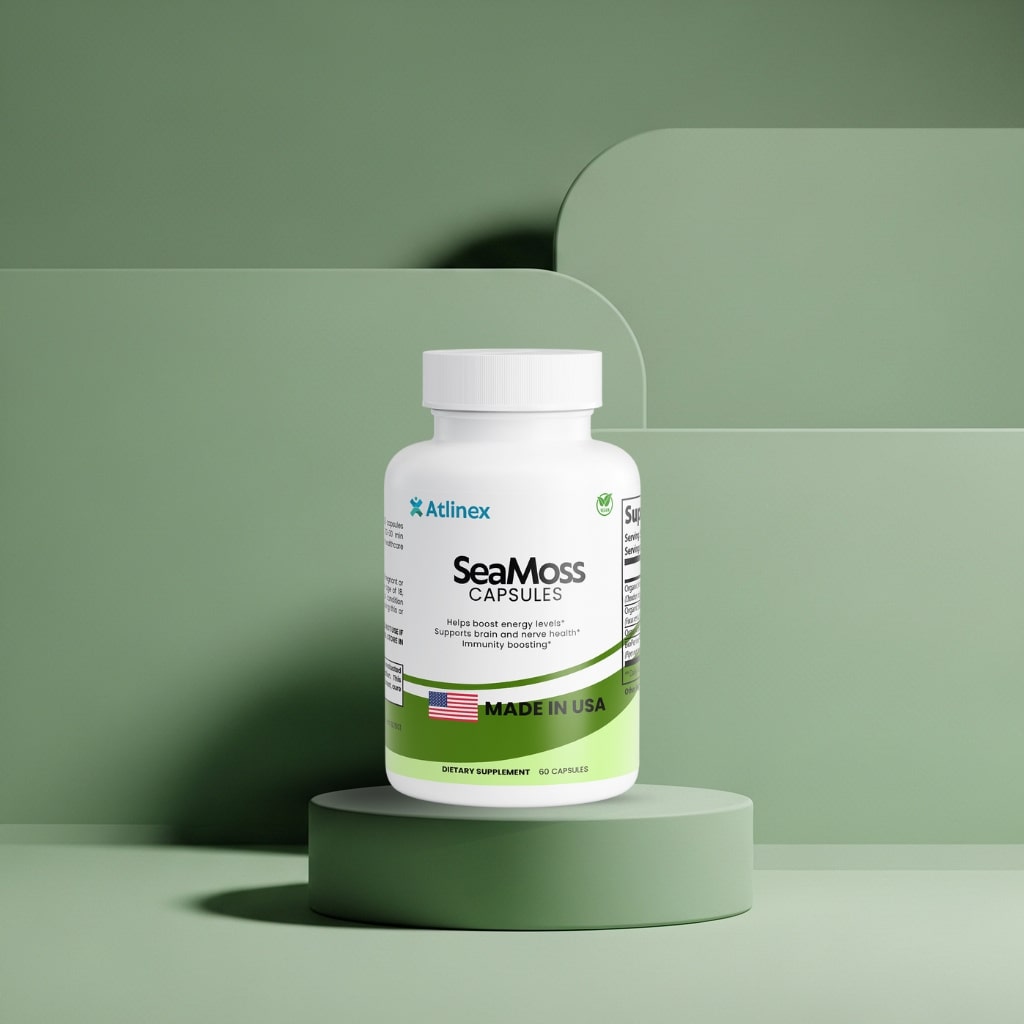 Atlinex SeaMoss Capsules bottle on a green platform with a green background