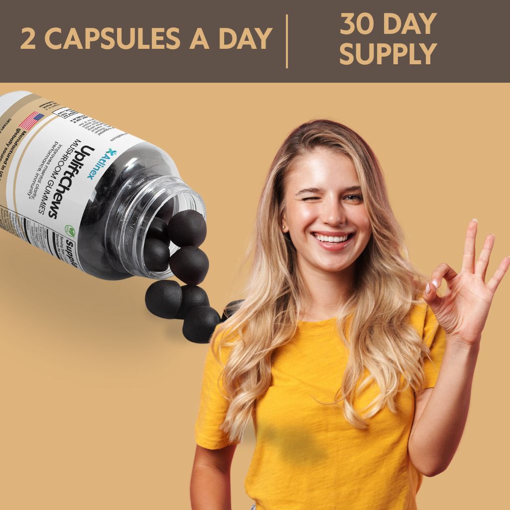 Woman holding a bottle of Atlinex Mushroom gummies supplements with text about daily capsules and supply duration on a beige background
